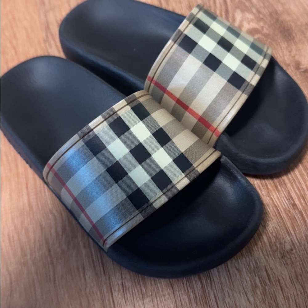 Burberry Beige Plaid Slide Sandals with Black Footbed